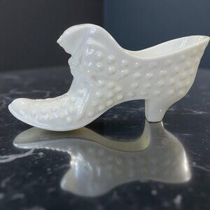 Vintage Fenton Milk Glass Shoe Slipper Boot White Hobnail Cat Head Stamped